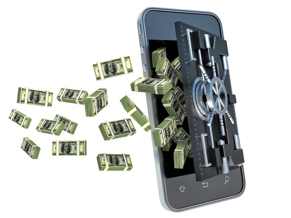 Safety of mobile banking concept. Secure online payment. Smartphone and dollars