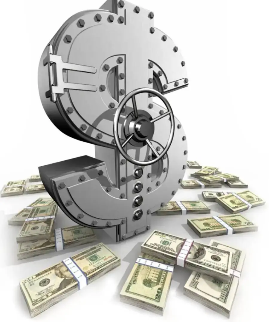 Dollar sign vault surrounded by money