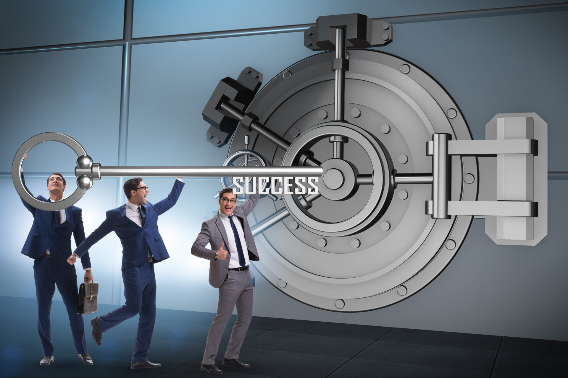 Business professionals opening a vault with a success key